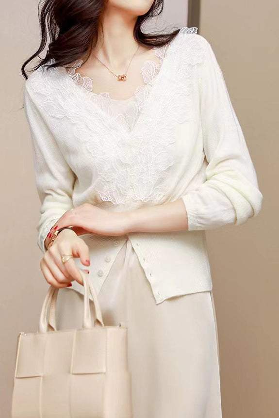 V-Neck Embroidered Lace Decor Knit Cardigan - 3 Colors Available - liwisi