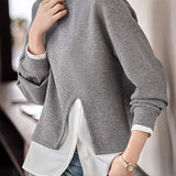 Layered Look Mixed Material Round Neck Sweatshirt - liwisi