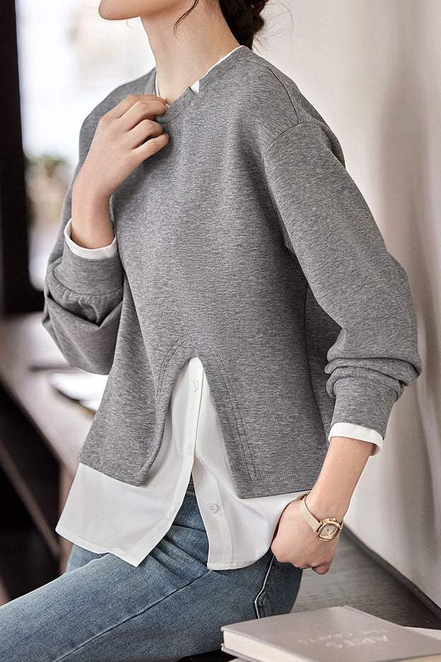 Layered Look Mixed Material Round Neck Sweatshirt - liwisi
