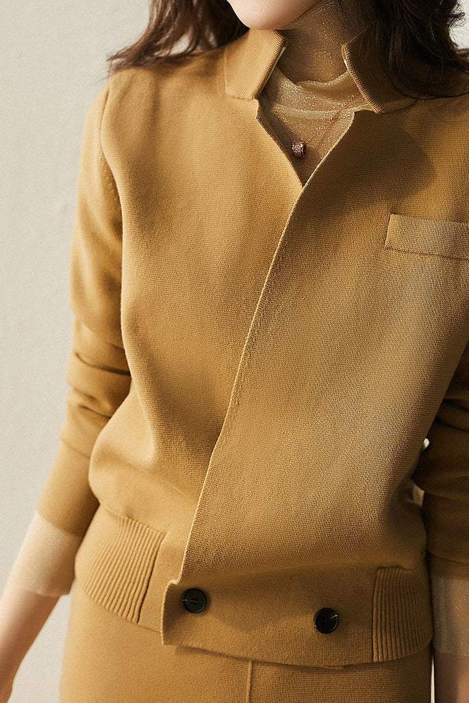 Skipper Collar Double Button Long Sleeve Top + Side Pocket Long Slacks + Back Slit Simple Long Skirt - liwisi