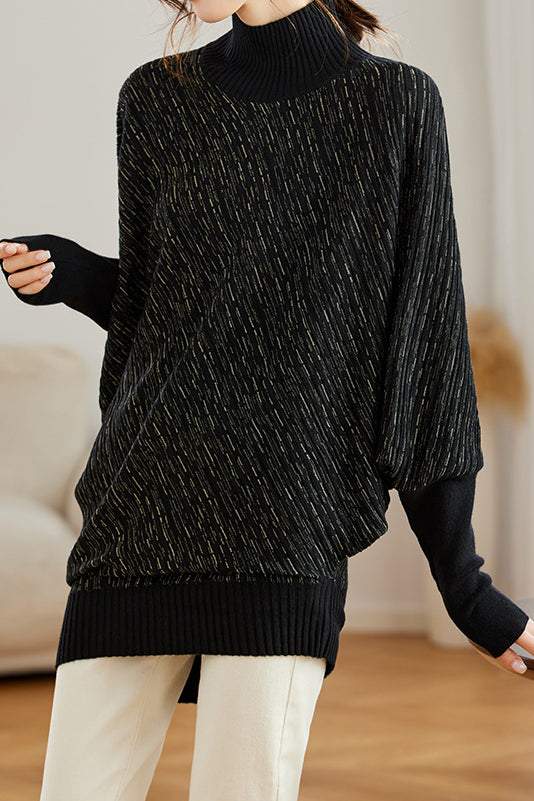 Half High Neck Irregular Batwing Sleeve Knit Sweater - liwisi