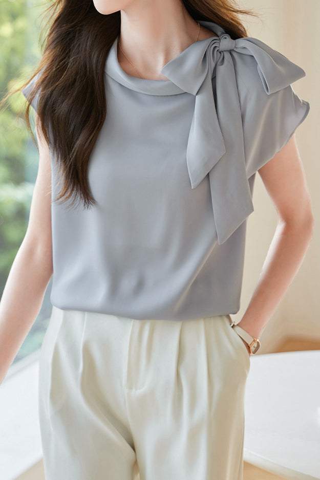 Diagonal Bow Tie Collar Drop Shoulder Satin Blouse - 2 Colors Available - liwisi