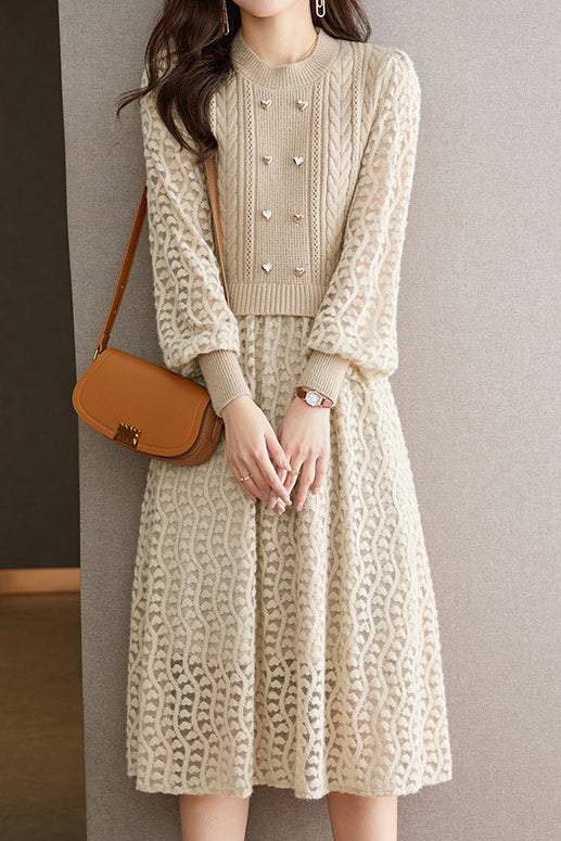 Mixed Material Heart Double Button Knit Dress - 3 Colors Available - liwisi