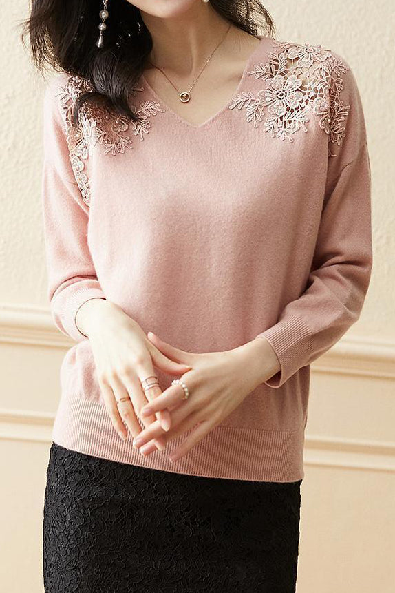 Lace and pearl V-neck sweater - liwisi