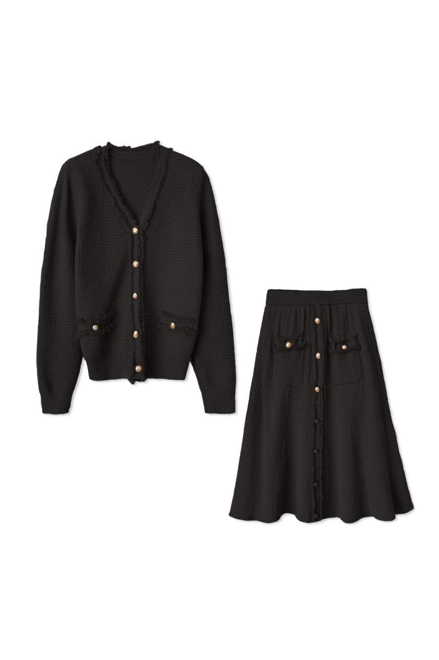 二点セット Vネックフリンジ装飾ニットトップス+フリンジ装飾ロングフレアスカート 3色入 - liwisi