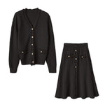 二点セット Vネックフリンジ装飾ニットトップス+フリンジ装飾ロングフレアスカート 3色入 - liwisi