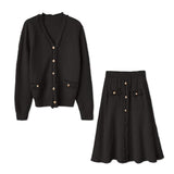 二点セット Vネックフリンジ装飾ニットトップス+フリンジ装飾ロングフレアスカート 3色入 - liwisi