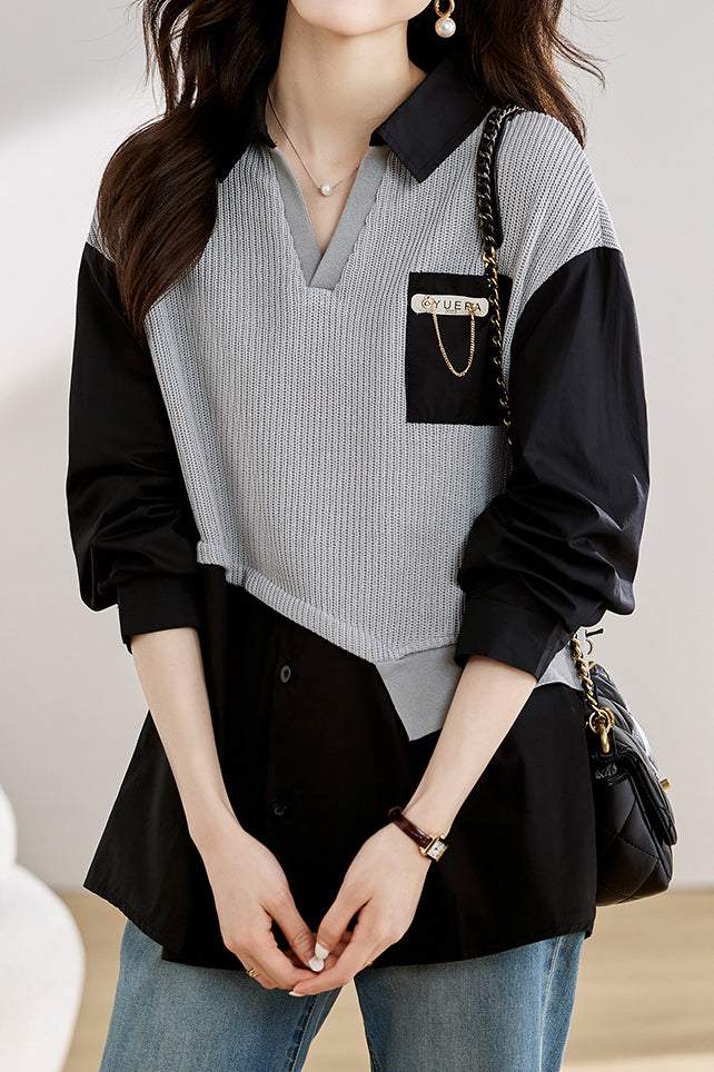 Layered Look Skipper Collar Knit Shirt - liwisi