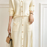 二点セット Vネックフリンジ装飾ニットトップス+フリンジ装飾ロングフレアスカート 3色入 - liwisi