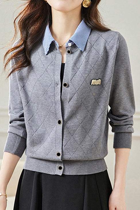 Mixed Material Shirt Collar Striped Logo Embroidered Knit Cardigan - 3 Colors Available - liwisi