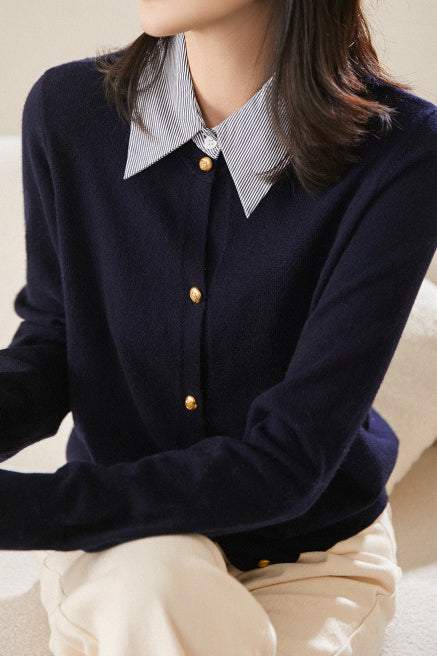 Layered Look Shirt Collar Striped Contrast Knit Cardigan - 3 Colors Available - liwisi