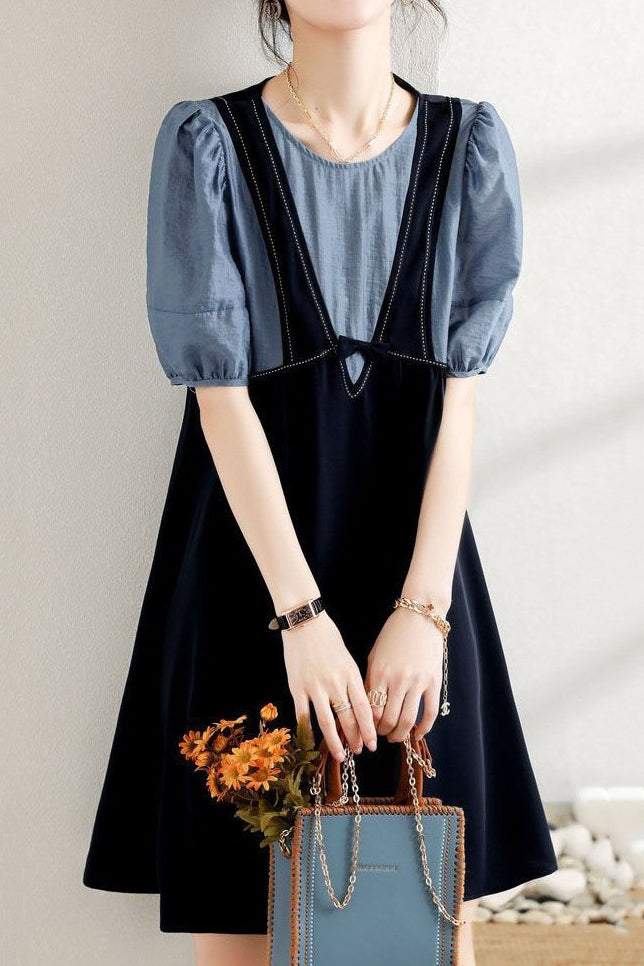 Layered Look Stitch Decor Semi-Flare Dress - 2 Colors Available - liwisi
