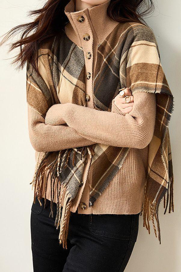 Checked fringed shawl fake two-piece knitted cardigan - liwisi