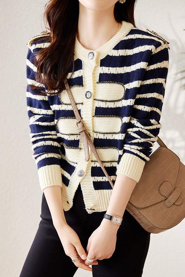 Fashionable Round Neck Striped Knit Cardigan - liwisi