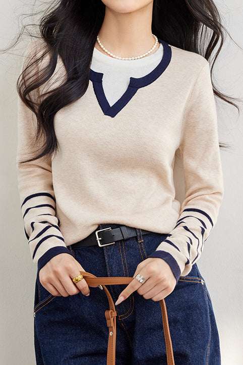 Faux two-piece color-block layered knitted sweater - liwisi
