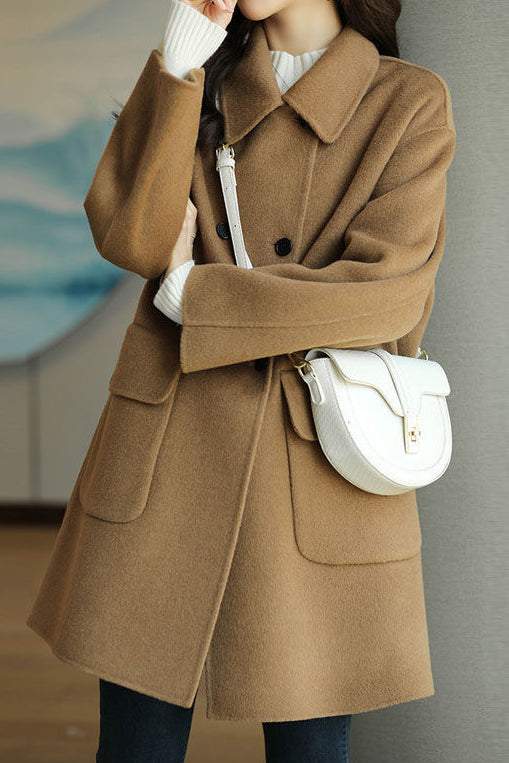 Lapel Melton Coat with Side Pockets - 5 Colors Available, Lined - liwisi