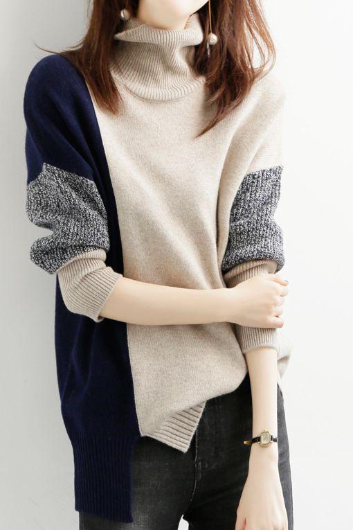 Contrast Turtleneck Leisure Knitted Sweater - liwisi