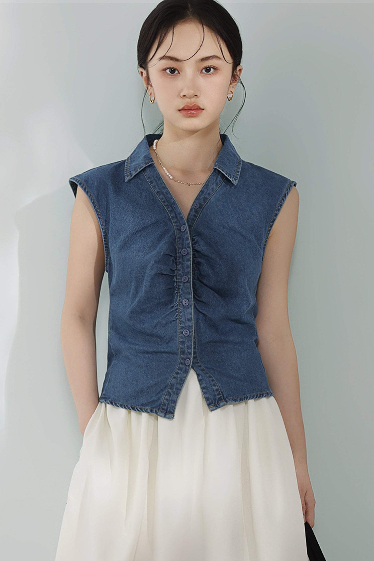 Skipper Collar Gathered Denim Gilet - liwisi
