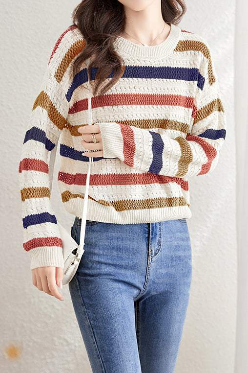 Color-Block Striped Loose Hollow-Out Long Sleeve Top - liwisi
