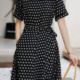 Round Neck Dot Pattern Semi-Flare Dress with Lining - 2 Colors Available - liwisi