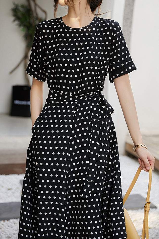 Round Neck Dot Pattern Semi-Flare Dress with Lining - 2 Colors Available - liwisi