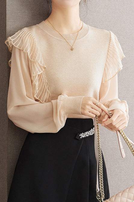 Asymmetrical Design French Lace Contrast Round Neck Knit - liwisi