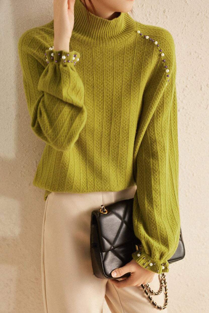 Elegant beaded high - neck knitted sweater - liwisi