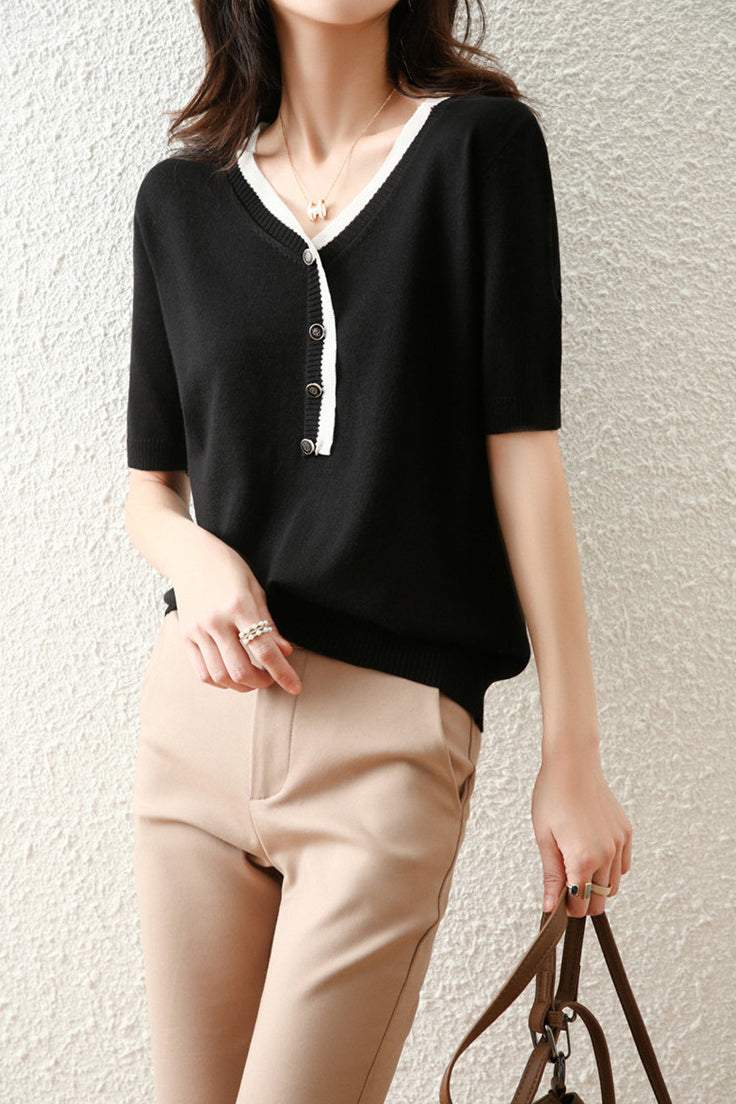 Bi-Color V-Neck Button Decor Knit Top - liwisi