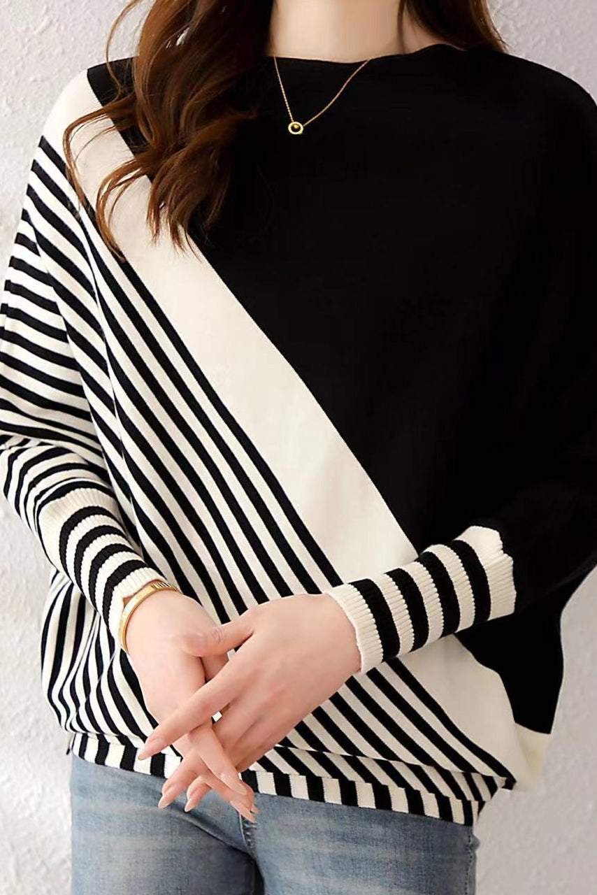 Round Neck Drop Shoulder Striped Contrast Knit - 5 Colors Available - liwisi