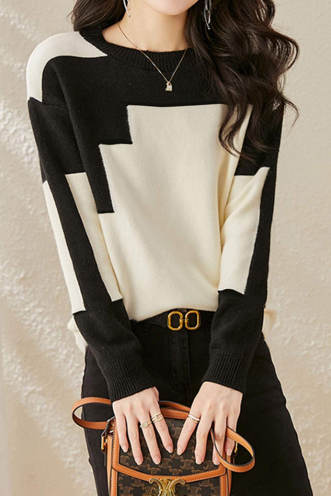 Casual Comfortable Dual-Tone Crew Neck Knit Sweater - liwisi