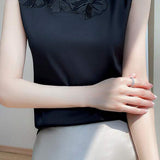 Round Neck Embroidered Lace Contrast Satin Vest - 3 Colors Available - liwisi