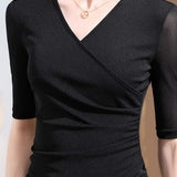 Short Sleeve V-Neck Front Cross Side Gathered Knit - 8 Colors Available - liwisi