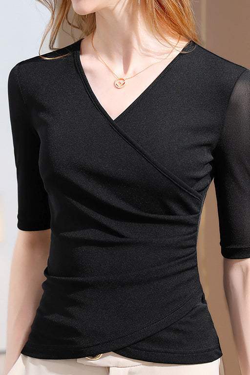 Short Sleeve V-Neck Front Cross Side Gathered Knit - 8 Colors Available - liwisi