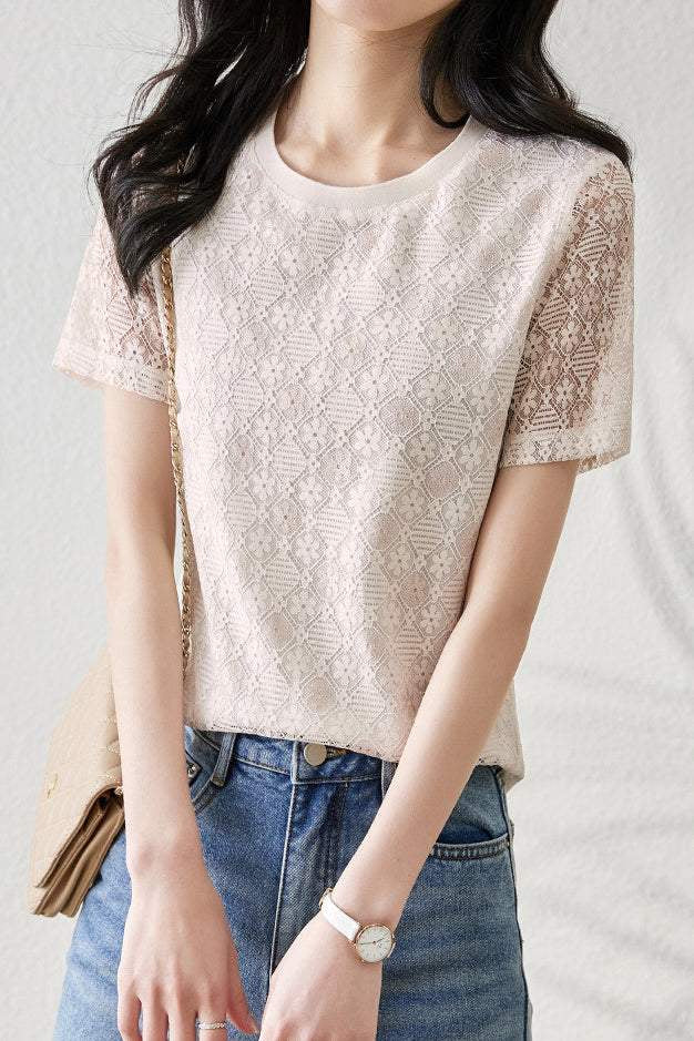 ラウンドネック菱柄レースTシャツ 裏地付 - liwisi