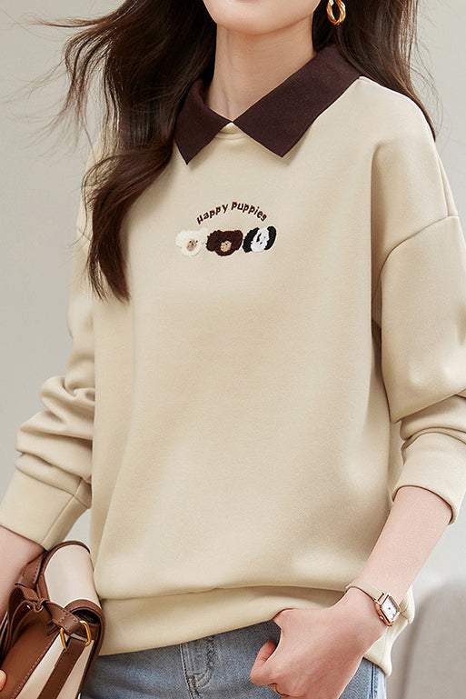 Dog Pattern Embroidered Patchwork Long Sleeve Casual Sweatshirt - 3 Colors Available - liwisi