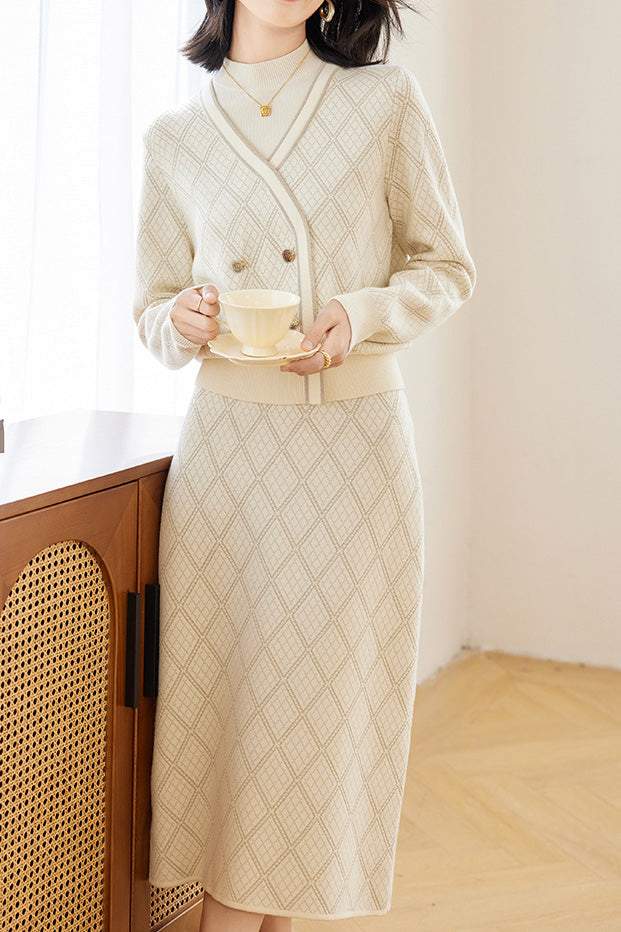 Metallic Jacquard Knit Sweater and Skirt Two-Piece Set - liwisi