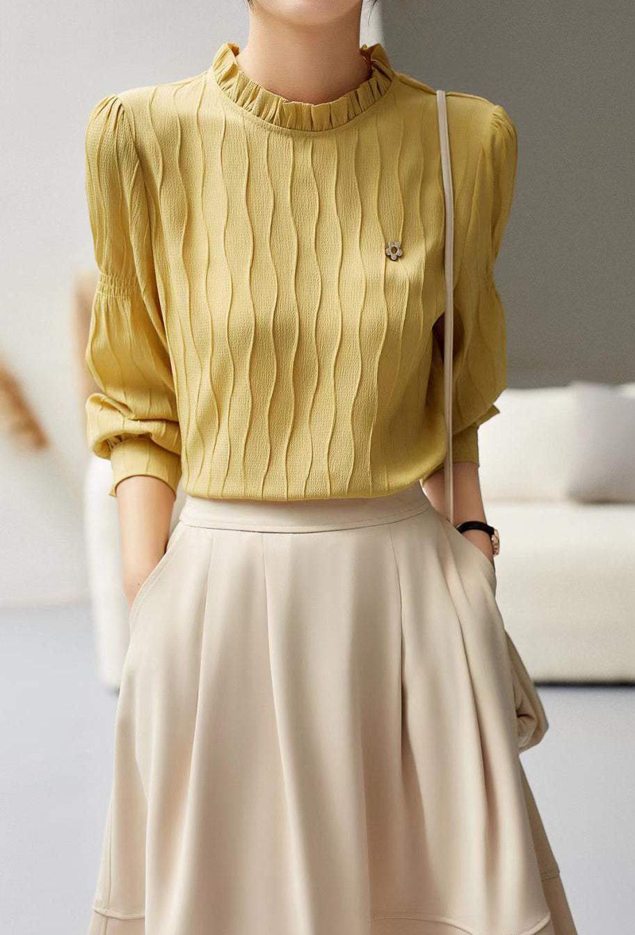 Ruffled Collar Flower Brooch Decor Striped Blouse - 3 Colors Available - liwisi