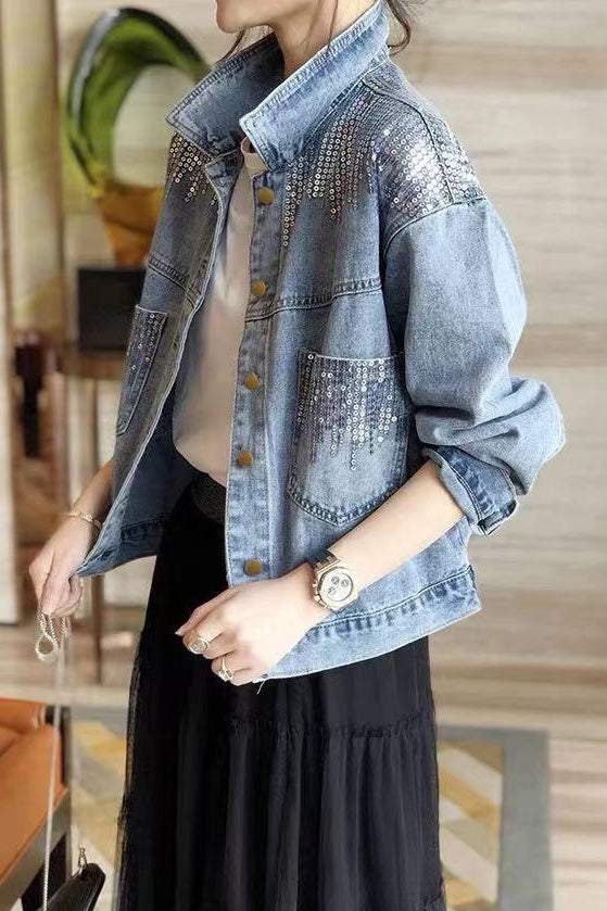 Sequin-Spliced Denim Jacket - liwisi