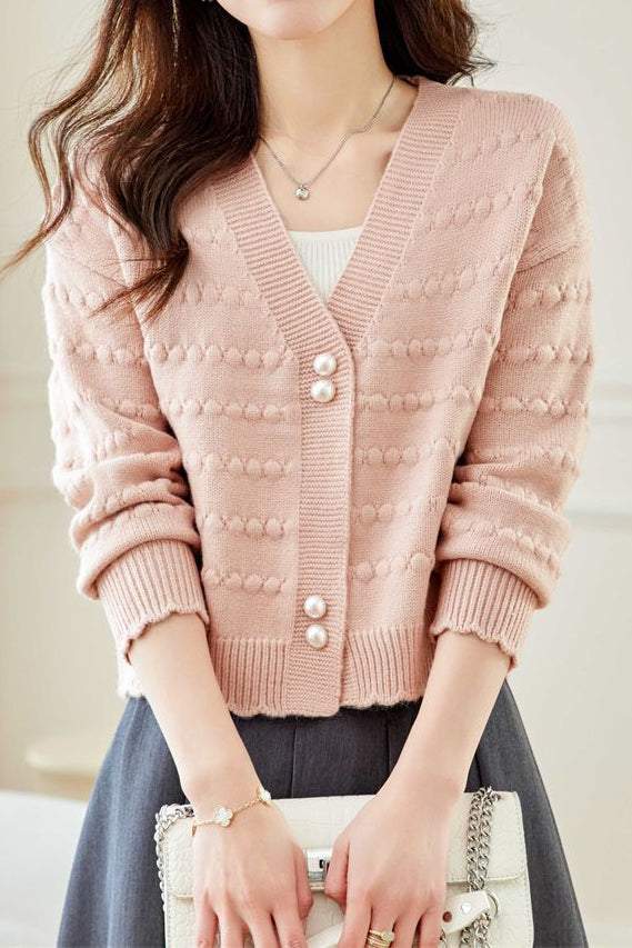 V-Neck Textured Knit Jacquard Cardigan - liwisi