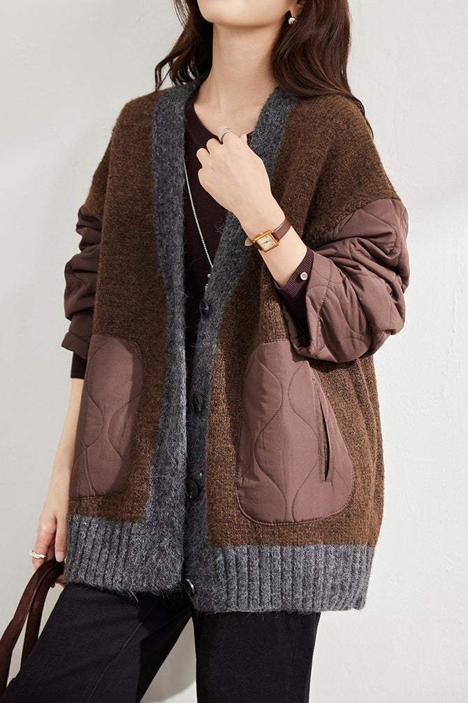 Loose Cozy Color Block Quilted Knit Cardigan - liwisi