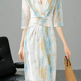 V-Neck Colorful Ink Print Long Dress with Lining - liwisi