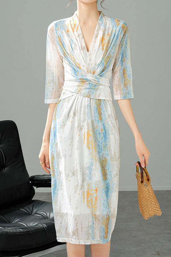 V-Neck Colorful Ink Print Long Dress with Lining - liwisi