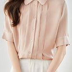 Peter Pan Collar Front Tuck Satin Blouse - 2 Colors Available - liwisi