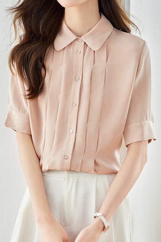 Peter Pan Collar Front Tuck Satin Blouse - 2 Colors Available - liwisi