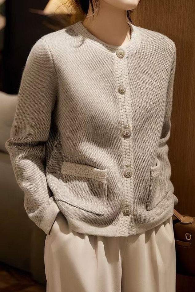 Round Neck Bi-Color Knit Cardigan - 2 Colors Available - liwisi