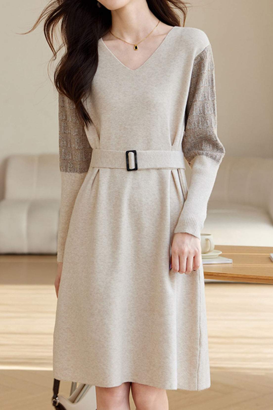 Mid-Length Patchwork Knit Dress - liwisi