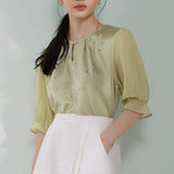 Front Cut-Out Rhinestone Decor Sheer Sleeve Blouse - 2 Colors Available - liwisi