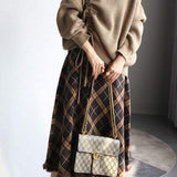 Two-Piece Set: Turtle Neck Side Lace-Up Knit + Fringe Decor Check Pattern Long Knit Skirt - 2 Colors Available - liwisi