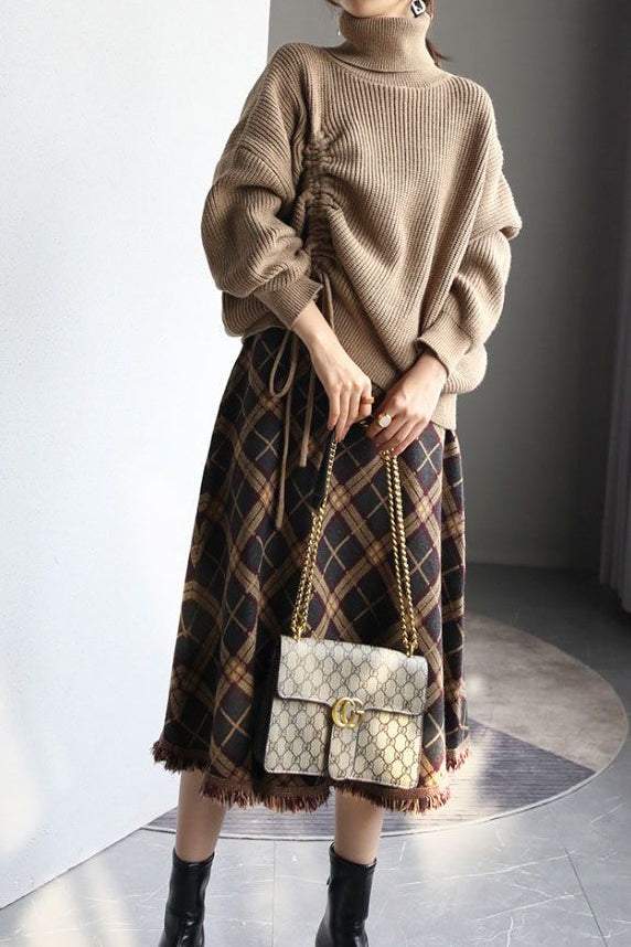 Two-Piece Set: Turtle Neck Side Lace-Up Knit + Fringe Decor Check Pattern Long Knit Skirt - 2 Colors Available - liwisi