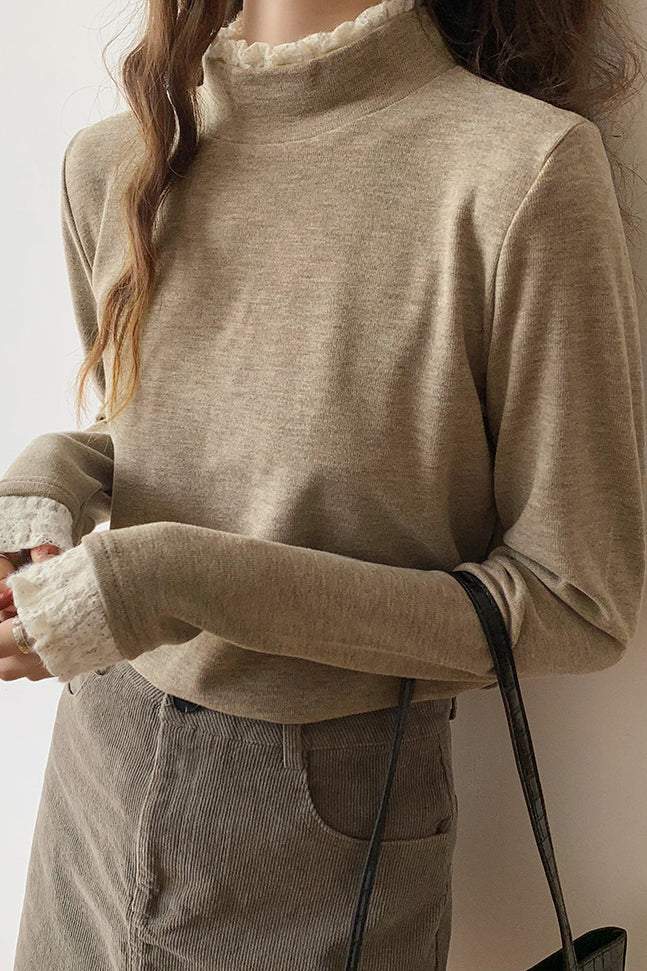 Fleece-lined knitted shirt with lace trim. - liwisi